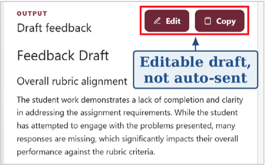 An ExLAIM tool shows AI-generated feedback as an editable draft that the teacher reviews before sending.