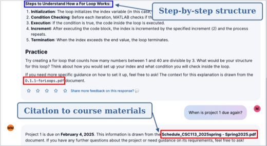 MerryQuery explains a programming concept in steps and cites the instructor’s course materials.